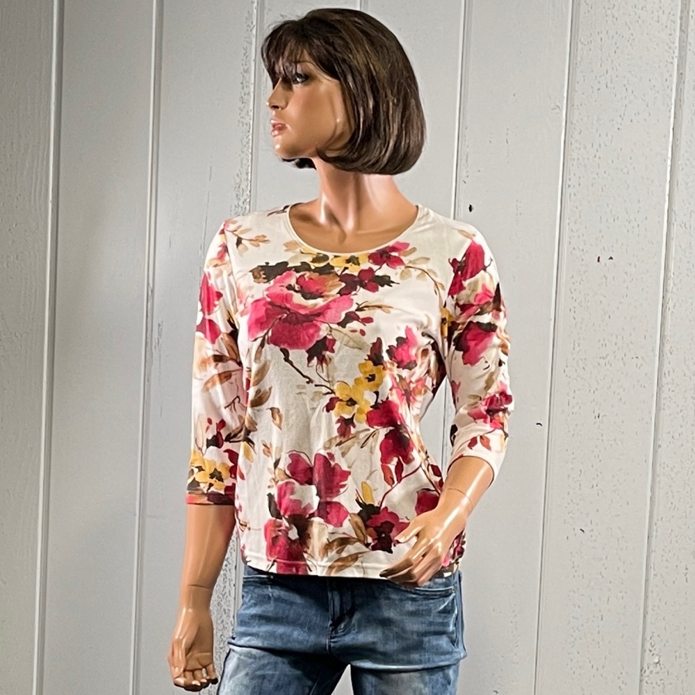 *Karen Scott Petites Women’s Flower Print 3/4 Top Sz PM